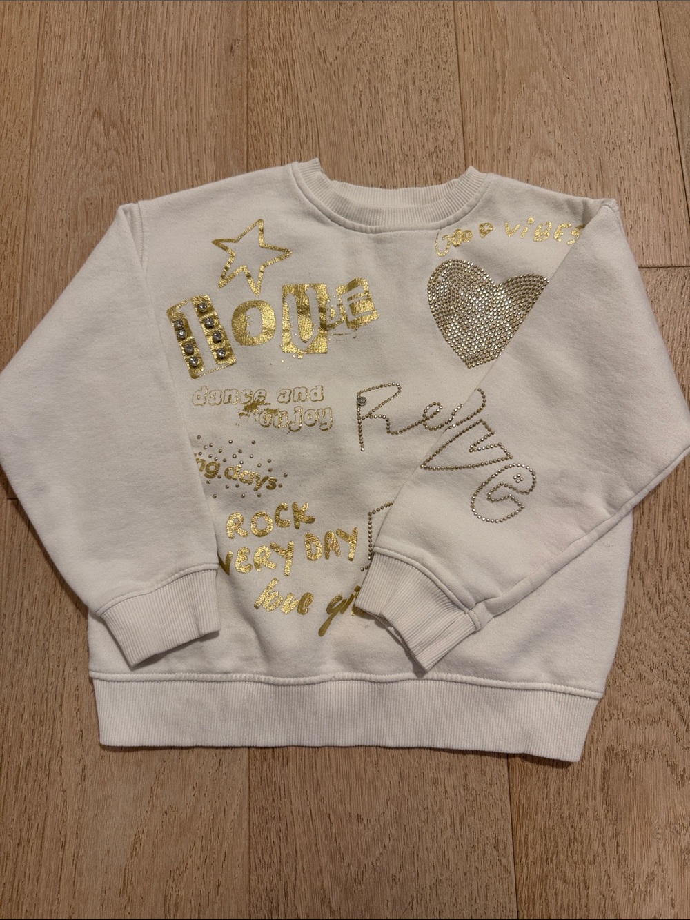 Zara White Kids Sweatshirt with Gold Graphic and Rhinestone Heart